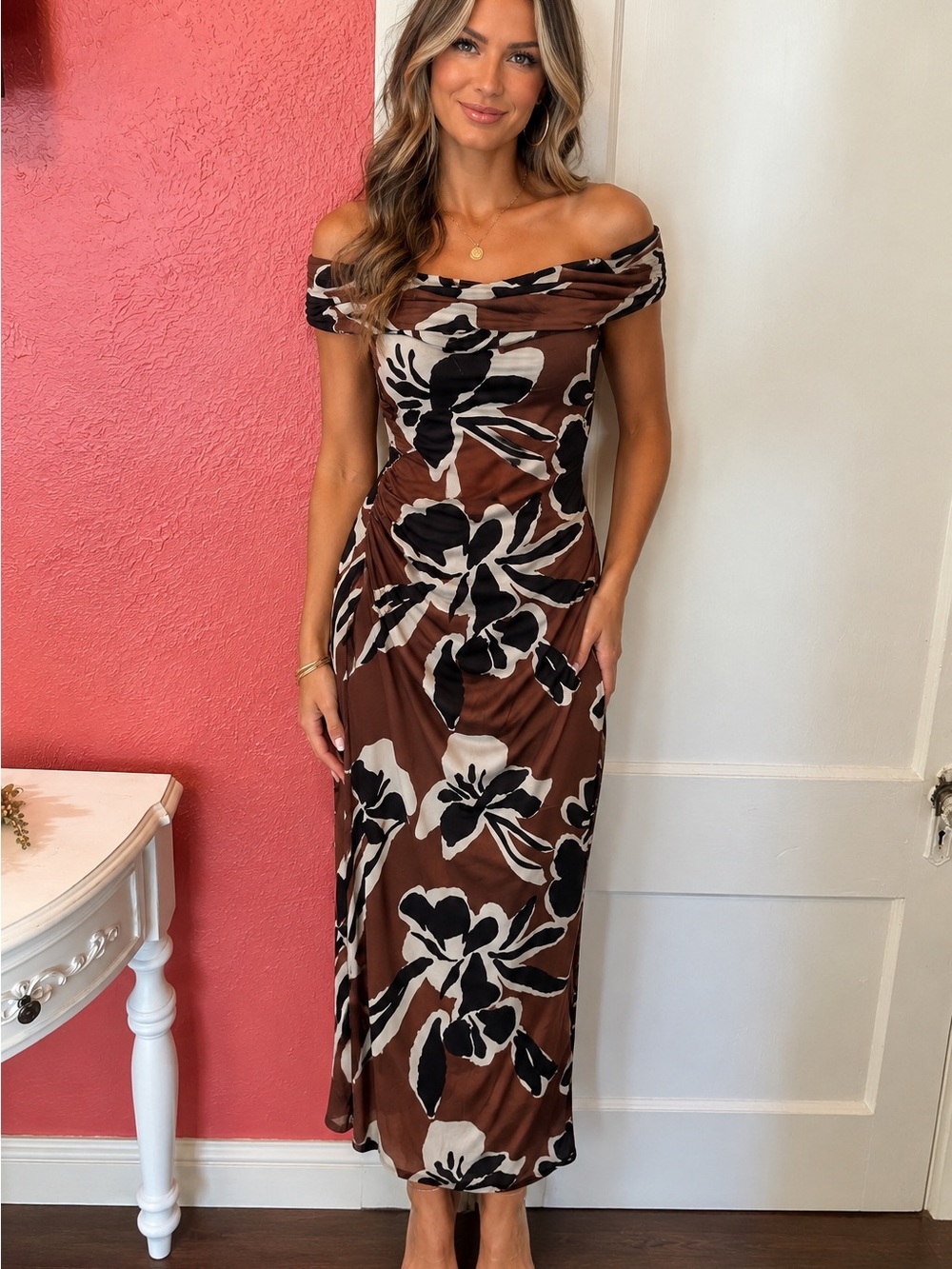 Cleobella Brown Floral Off-Shoulder Dress
